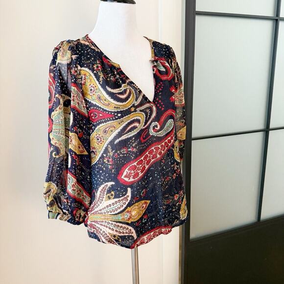ANTHROPOLOGIE Top Size XS Velvet by Graham & Spencer Paisley Print Knit Blouse - Picture 7 of 12